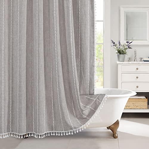 MitoVilla Boho Farmhouse Fabric Shower Curtain Set, Brown Grey Modern Cotton Linen Shower Curtains for Vintage Rustic Bathroom Decor, Country Tassel Thick Cloth Shower Curtain, 72 x 72