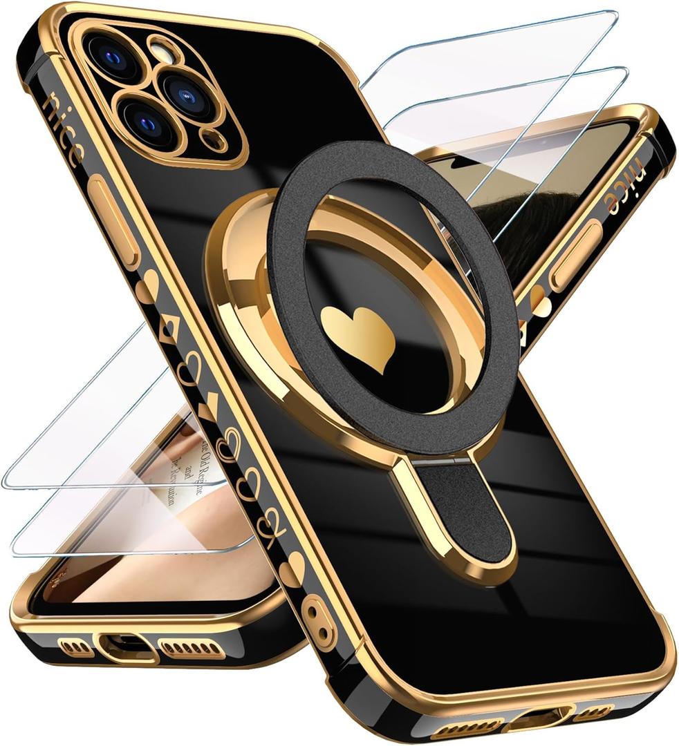 for iPhone 11 Pro Max Love Heart Kickstand Case with Screen Protector: Luxury Plated Gold Edge Slim Soft TPU Full Camera Shockproof Protection Case Cover for iPhone 11 Pro Max 6.5" (Black)