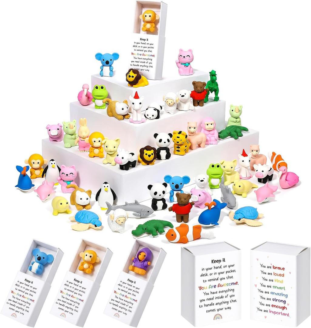 Estune 60 Pcs Animal Erasers for Kids with 60 Pcs Mini Boxes Animal Pencil Erasers Bulk Fun Toys Gifts for Classroom Prize Game Reward Treasure Box Stuffers Party Favors