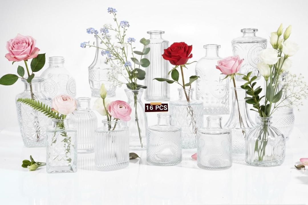16 Pack Glass Bud Vases for Centerpieces - Bulk Small Flower Vases Set of 16, Mini Vintage Vases, 4 Styles for Party, Wedding Decorations, Baby Shower, Home Table Flower Dcor (Clear)