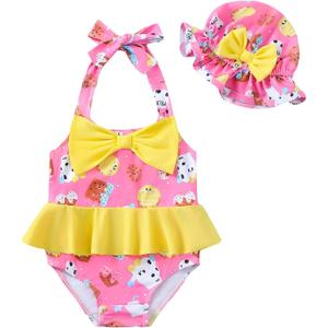 Kucnuzki Baby Girl Swimsuit Newborn One Piece Bathing Suit Bow Tie Bikini Tankini Infant Swimwear with Hat