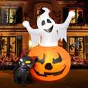 5 FT Halloween Inflatables Outdoor Spooky Pumpkin and Witch' s Black Cat Combo Inflatable Decor, Halloween Blow Up Yard Decorations Clearance with Build-in LED Lights, Halloween Outdoor Decorations
