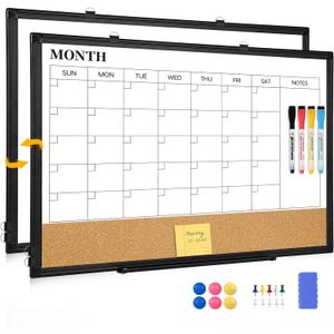Dry Erase Calendar Board for Wall, 24"x18" Magnetic Whiteboard Calendar Double-Sided Monthly White Board with Cork Board, Black Aluminum Frame Memo Message Board for Office, Home, School