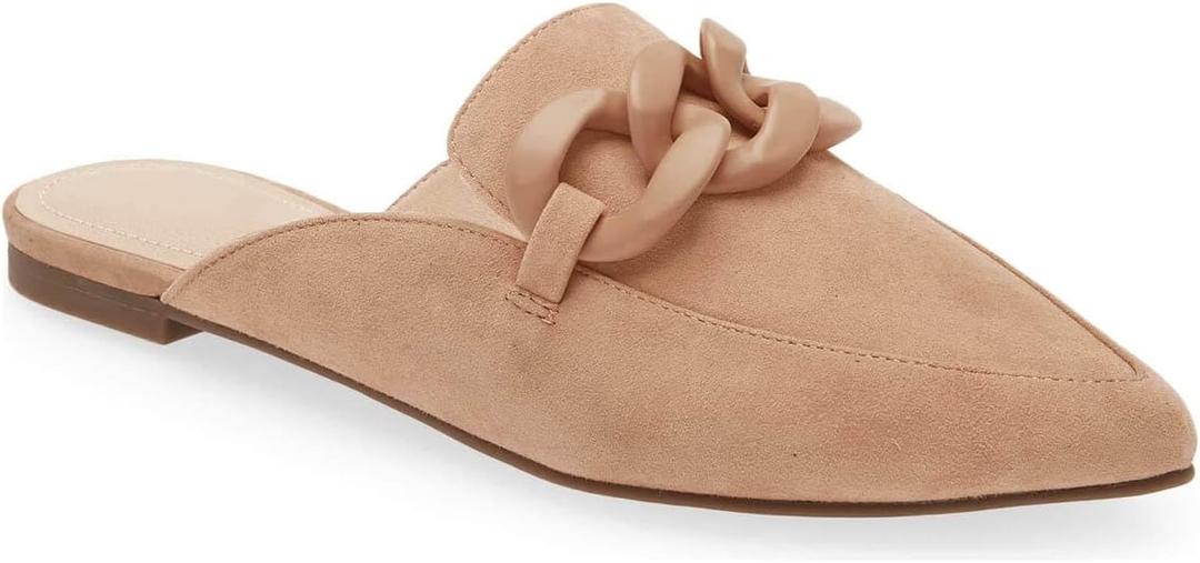 Juliet Holy Womens Mules Flats Pointed Toe Backless Loafers Slip on Metal Chain Slides (9.5, Plastic Chain-blush Camel)