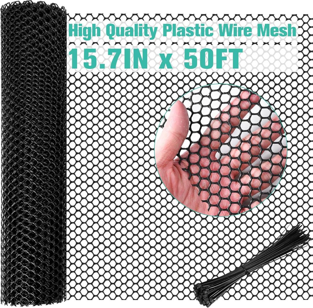 Plastic Mesh Fence Sheet 15.7IN x 50FT - 0.3IN Opening Plastic Chicken Wire Netting Roll Durable for Dogs, Poultry, Puppy, Garden Snake Barrier with 50 Pcs Zip Ties - Black