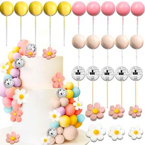 JeVenis 34 PCS Groovy Cake Toppers Boho Hippie Daisy Flower Cake Decoration Party Decorations Girl Birthday Party Boho Groovy Party Supplies, Pink