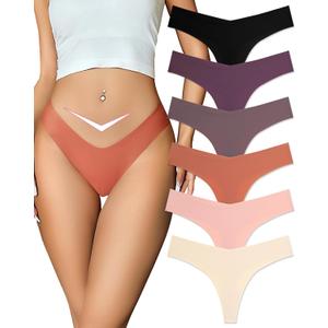 FINETOO Seamless Thongs for Women Sexy No Show Panties Invisible V-waisted Stretch Ladies Underwear 6 Pack