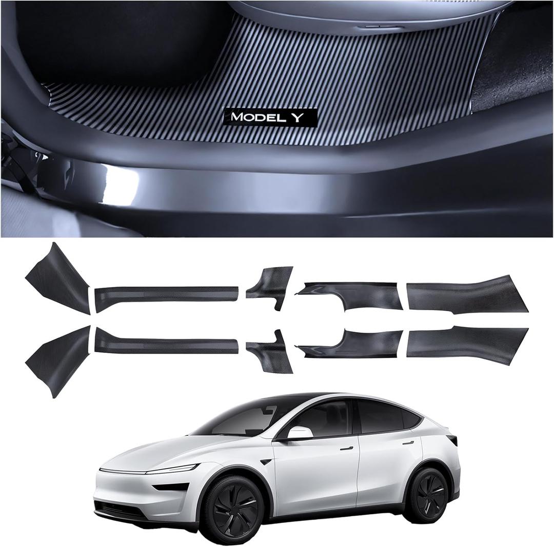10Pcs 2025 2026 Door Sill Protector for Tesla Model Y Juniper Door Entry Guard Anti-Kick Full Protect Door Entry Cover for Tesla Model Y Refresh Accessories ABS Carbon Fiber Pattern