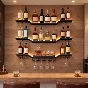 39.4" Floating Bar Shelves Wall Mounted, LED 3-Tier Wine Rack Wall Bar
