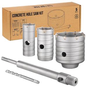 5PCS Concrete Hole Saw Kit, 30/40/65mm Tungsten Carbide Masonry Hole Saw Kit with 250mm SDS Plus Bit Shank Drill Bit Sets for Concrete, Brick, Stone, Cement, Tile, Wall Drilling