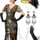 YESSA Flapper Dresses 1920s,Great Gatsby Dresses for Women Fringe Roaring 20s Costumes with 20s Accessories for Harlem Nights (Medium, Black Gold)