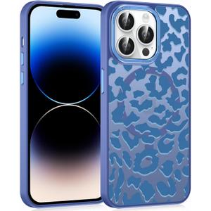 Cute Cheetah Print Phone Case for iPhone 15 Pro Max 6.7" Compatible with MagSafe, Aesthetic Navy Blue Leopard Pattern Design Magnetic Cover Soft TPU Hard PC Back Shockproof for Women Girls