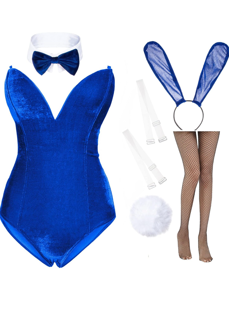 Anime Womens Bunny Girl Costume One Piece Bodysuit Halloween Cosplay Catsuit Bunny Headband Stockings Set , Meduim Size, Blue