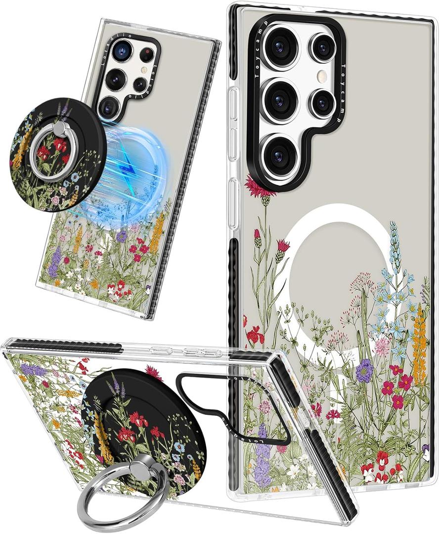 Lotadilo for Samsung Galaxy S24 Ultra Case for Women - Girls Cute Design Compatible with Magsafe Magnetic Ring Holder Stand Flowers Plants Phone Covers Aesthetic Girly TPU Funda for S24 Ultra