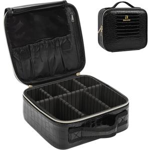 Relavel Travel Makeup Case, Train Case Makeup Brush Organizer, Professional Makeup Artist Makeup Bag, with Adjustable Partition and Shoulder Straps (Crocodile, Small)