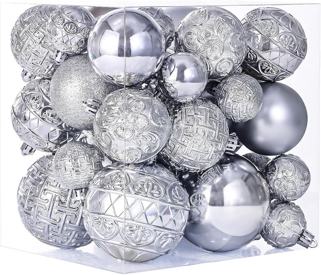46 Pcs Silver Christmas Ball Ornaments, Shatterproof Christmas Tree Ornaments Set with Velvet Christmas Bows Decor, Vintage Xmas Decorations with Hanging Hooks in 3 Sizes(Small Medium Large)