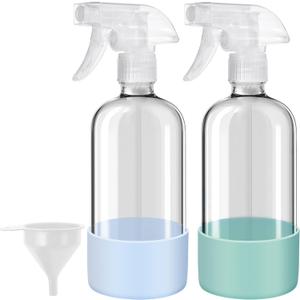 Glass Spray Bottles with Silicone Sleeves (2 Pack, 16 oz), Mist and Stream Empty Refillable Containers, Water Sprayer Misting Bottle for Cleaning Solutions, Planting, Hair Spraying, Green & Grey