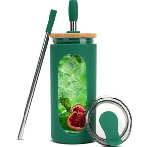 Sursip Glass Cup Tumbler with Straw and Lid, 20 oz Reusable Borosilicate Glass Coffee Cup with Lids for Iced Coffee, Smoothie, Boba, Juice,Travel to Go Tumbler BPA-Free - Forest Green