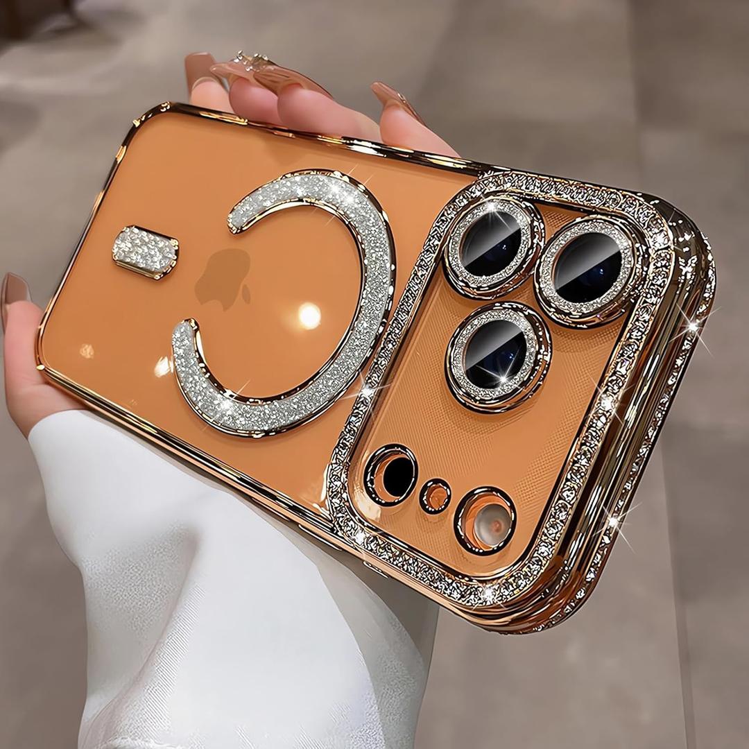 Magnetic Glitter Case for iPhone 17 Pro Max 6.9 [Compatible with MagSafe] [Built-in Lens Protector] Clear Sparkle Diamond Camera Protection Phone Case for iPhone 17 Pro Max Women Girls - Gold