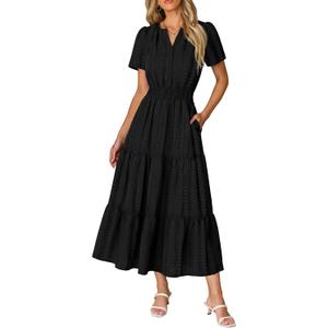 RUMIA Women Casual Midi Maxi Dresses Short Sleeve V Neck Elastic Waist Vacation Dress Pockets, XL