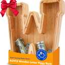 Wooden Initial Piggy Bank - Large Solid Wood Money Box for Kids - Personalized Letter Money Bank, Unique Educational Gift Decor for Baby Shower, Birthday & Nursery(W)