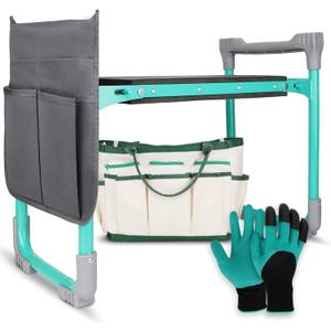 Garden Kneeler and Seat, 2-in-1 Foldable Garden Bench with Non-Slip EVA Foam Pad, Storage Bags, Glove, Portable Gardening Stool for Kneeling & Sitting, Ideal for Gardeners, Patio, Fishing, 11.22" X 6.1" X 21.33"