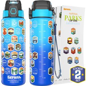 National Parks Water Bottle with 63 Waterproof Stickers & Carry Strap, Durable Plastic Water Bottle 32oz Hiking Water Bottles for Travel, Camping, Gifts for Kids, Men, Women Tritan, BPA Free
