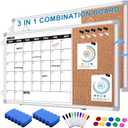 Calendar Whiteboard for Wall, 36" x 24" Double Sided Monthly Dry Erase Board Calendar for Office, Home, School, Hanging Cork Board White Board Combo, Portable Magnetic Dry Erase Planner Board