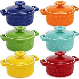 Hacaroa Set of 6 Mini Cocotte with Lid, 8 Oz Ceramic Ramekins with Handles, Small Casserole Dishes Individual Serving Pot for Baking, Souffl, Soup, Cobbler, Oven Safe, 6 Colors