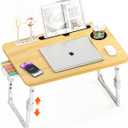 Laptop Desk for Bed Height Adjustable, Lap Bed Table with USB/Storage Drawer/Cup Holder/Tablet Stand/Book Shelf, Foldable Breakfast Tray Portable for Reading Writing, Sofa & Floor, Wood 