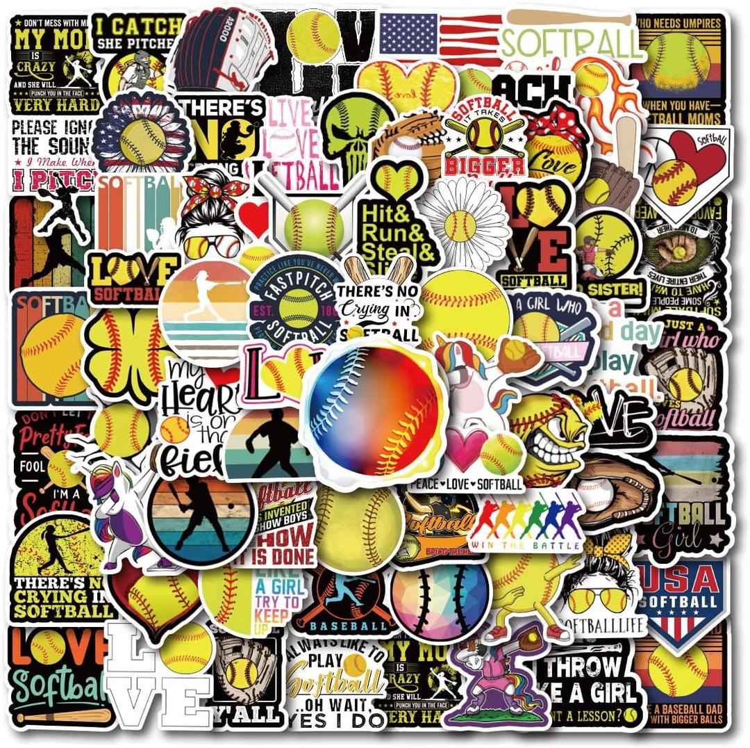 Softball Stickers 100PCS Softball Accessories Gifts,Softball Gifts for Girls/Boys,Softballs Stuff,Girls/Boys Softball Gift,Helmet Award Decals
