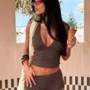 REORIA Womens Halter Tank Tops Double Lined Basic Cami Shirts Sexy Backless Y2K Trendy Going Out Tops, Chocolate X-Large