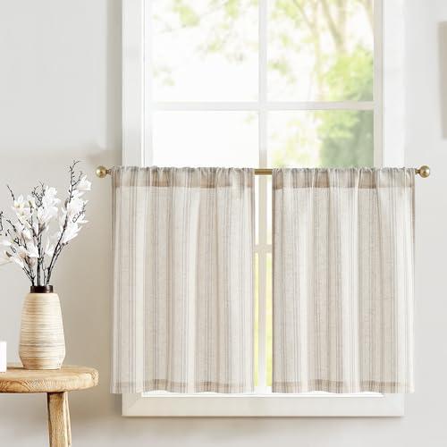 jinchan Striped Linen Kitchen Tier Curtain Rustic Cafe 30 Inch Small Window Balanced Stripe Half Window Curtains for Living Room Bathroom 2 Panels Taupe Grey on Beige