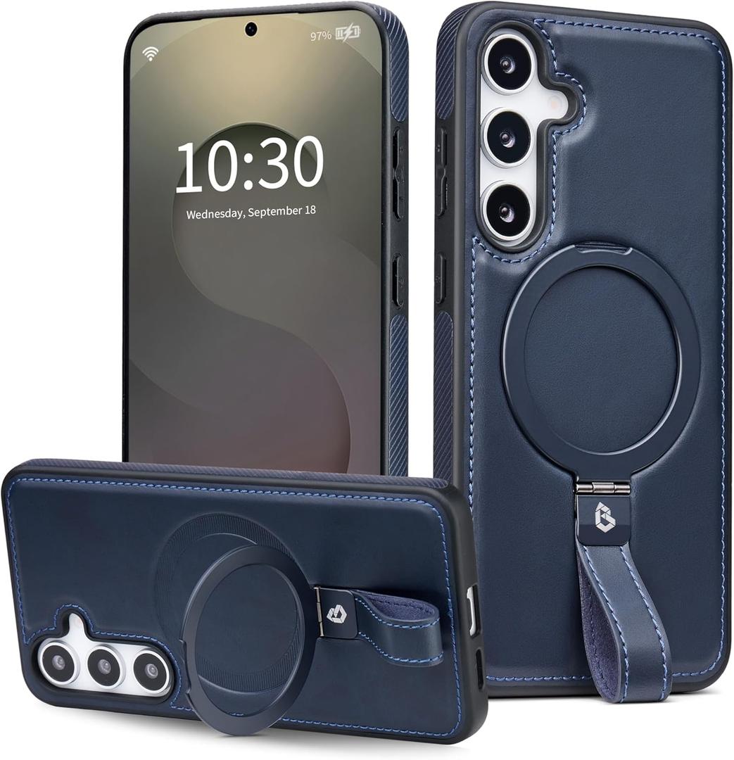 for Samsung Galaxy S25 Plus and S24 Plus Case Leather with Stand, Anti-Slip Grip Ring, Fits for MagSafe (Navy, S25 Plus/S24 Plus)