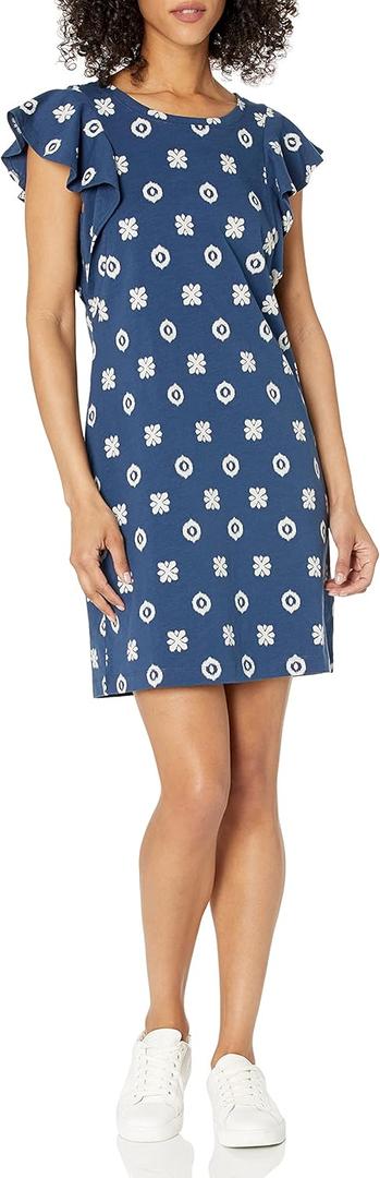  Essentials Women's Relaxed-Fit Heavyweight Cotton Slub Ruffle-Sleeve Dress (Previously Goodthreads), Indigo, Ikat, Large