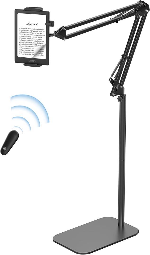 Floor Stand Kindle Holder with Remote Page Turner for Reading in Bed, Tablet Mount with Clicker, Kindle Accessories Tablet Stand Holder for Kindles Tablets iPhones 4.7-12.9 inch(Black)