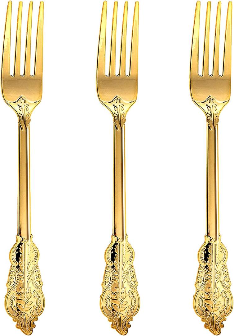 N9R 100PCS Gold Plastic Forks, 7.48inch Disposable Gold Plastic Silverware, Heavy Duty Plastic Forks for Parties, Weddings and Events