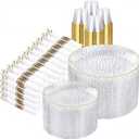 Rubtlamp 700Pcs Gold Plastic Dinnerware Set, Hammered Clear Gold Plates, Fancy Plastic Plates Include 100 Dinner Platos,100 Salad Platos,100 Cups,100 Pack Pre Rolled gold plastic Silverware