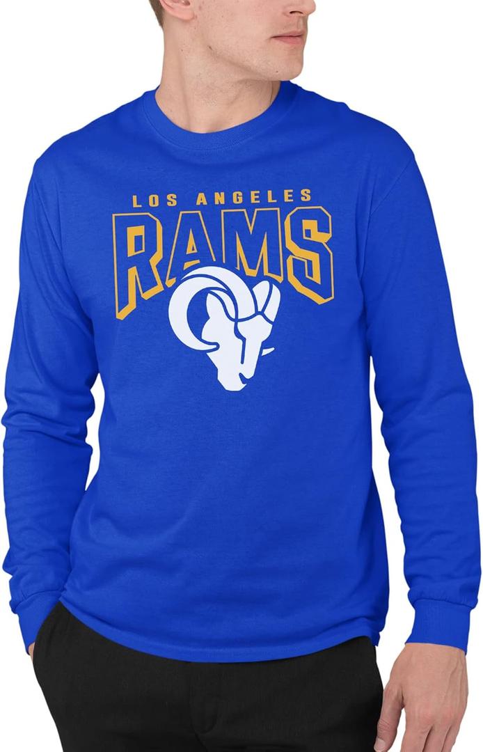 Junk Food Clothing x NFL - Unisex Adult Bold Logo - Officially Licensed Long Sleeve T-Shirt (Small, Blue)