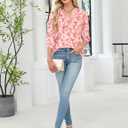 Rapbin 3/4 Length Sleeve Womens Tops 2025 Summer Fall Henley V Neck Button Down Tunic Shirts Casual Business Blouses (Medium, Beige Red Flower)