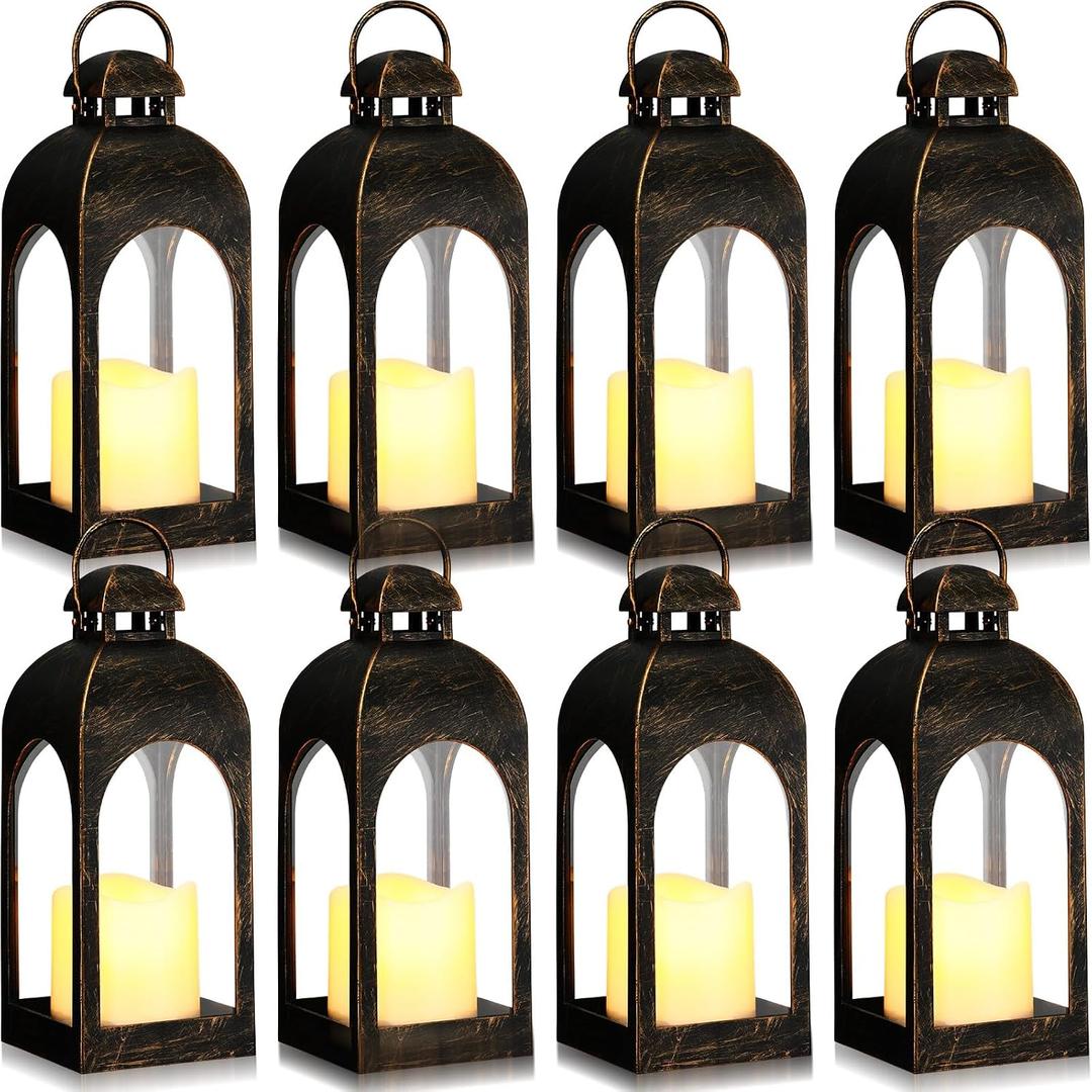 Tujoe 8 Pcs 10 Inch Decorative Candle Lantern Bulk for Wedding Centerpieces Lanterns with LED Flameless Candle Indoor Outdoor Hanging Lights for Wedding Party, Battery Included (Dark Bronze)