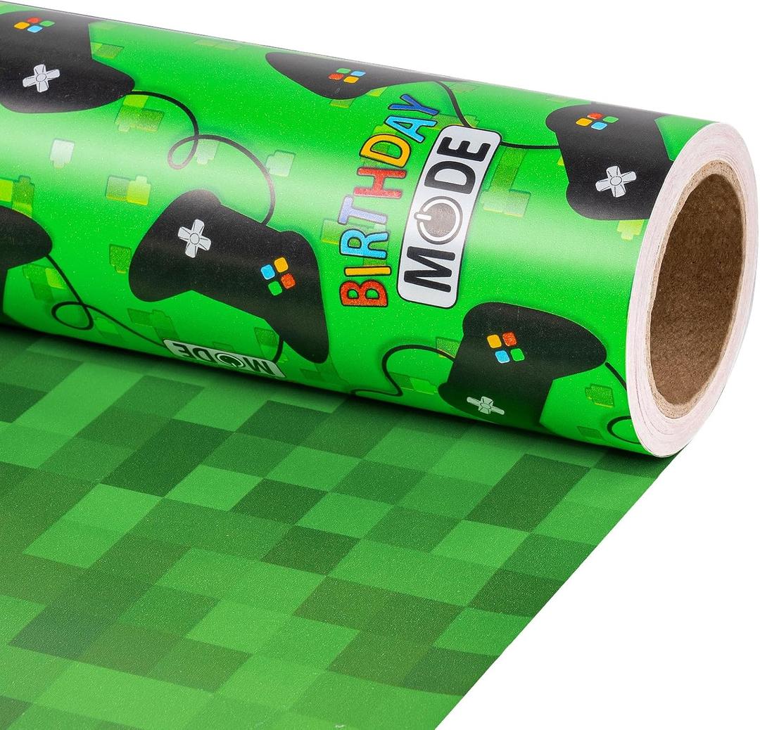 RUSPEPA 30" X 32.8' Reversible Birthday Gaming Wrapping Paper Large Paper Roll, Jumbo Roll, Green Game Controller and Pixel Design Gift Wrap for Kids, Boys, Game Lover, Birthday, Party, Holiday