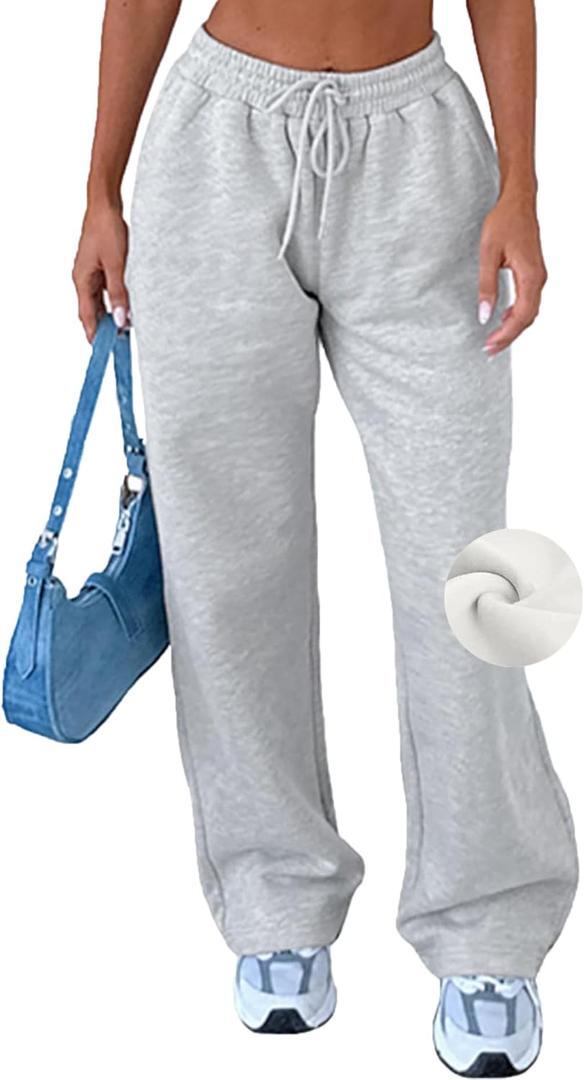 AROGONE Women Wide Leg Fleece Sweatpants Baggy High Waisted Sweat Pants Casual Drawstring Straight Leg Sweats with Pockets Grey S