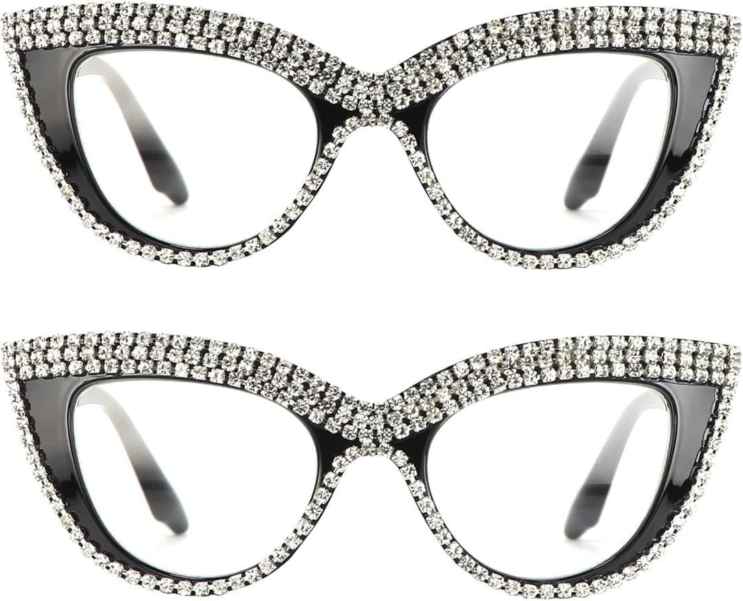 Cat Eye Reading Glasses Womens Bling Rhinestone Magnified Blue Light Blocking Reader Glasses (2 Pack White)