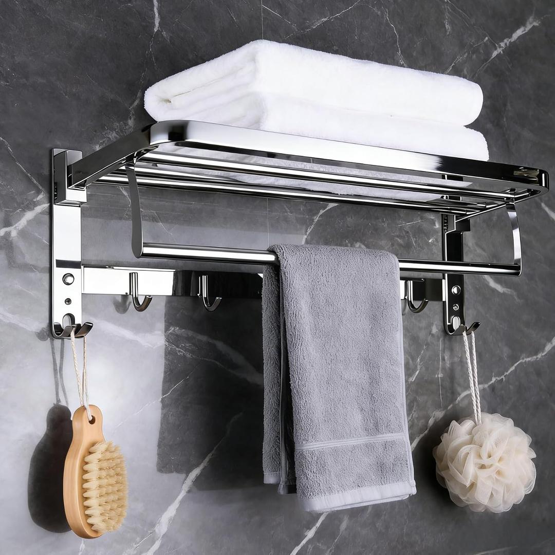 24" Double Towel Rack with 7 Hooks, Bathroom 90° Foldable Towel Bar.Silver