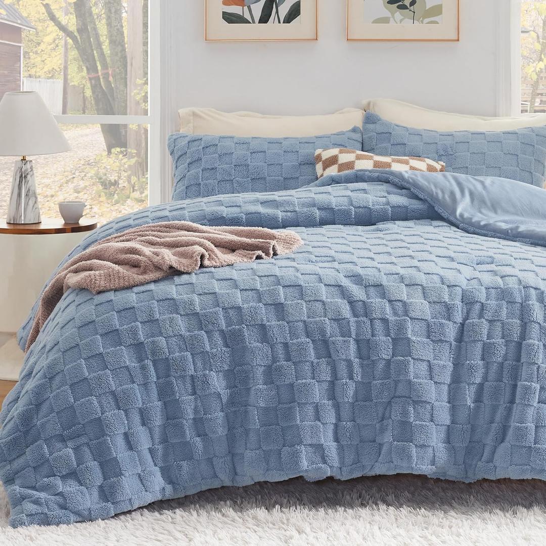 Bedsure Fluffy Queen Comforter Set, Ashley Blue Plush Fleece Bed Set, Checkered Farmhouse Boho Soft Warm Bedding for Winter, 3 Pieces, 1 Comforter (90"x90") and 2 Pillowcases (20"x26") (04 - Ashley Blue)