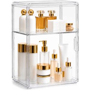 2-Tier Acrylic Storage Organizer with Magnetic Door, Clear Display Case for Makeup, Skincare, Collectibles, Perfume & Bathroom Countertop Storage