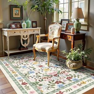Floral Area Rugs 3x5 Small Thin Entryway Rug - Vintage Boho Washable Non-Slip Living Room Carpet Soft Low Pile Bedroom Floor Mat Indoor Home Decor for Dining Room Playroom Farmhouse, Beige/Green/Multi