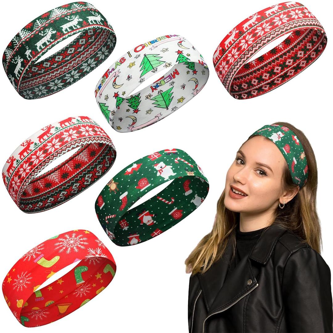 6 Pcs Christmas Headbands for Women Xmas Striped Non Slip Elastic Sweat Hairband Workout Yoga Running Sport(Christmas Set 3)