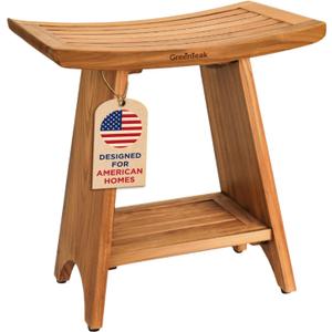 Premium 18" Teak Wood Shower Bench with Shelf, 2-Tier Waterproof Teak Shower Stool, Non-Slip Feet for Enhanced Safety, Spa Bath Seat for Bathroom, Indoor & Outdoor, 300 lb Capacity (Curved)